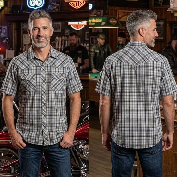 Wrangler Other - Wrangler Plaid Pearl Snap Short Sleeve Western Shirt Mens XL 50 Blue Gray White